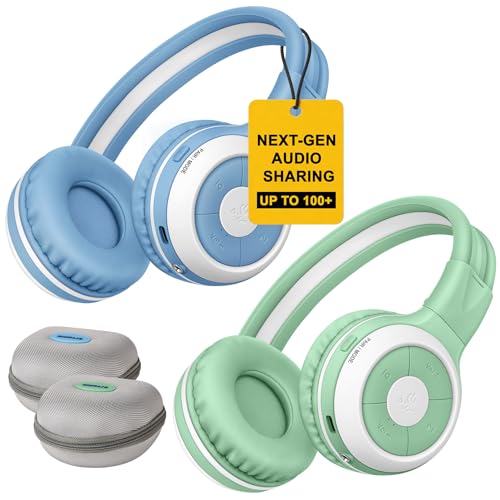 SIMOLIO Manyshare Kids Wireless Headphones with Case & Mic, Audio Sharing | Share One Audio Source with Multiple Headphones Wirelessly. Kids Bluetooth Headphones for Classroom, Family Trips & Parties - color: Green+Blue