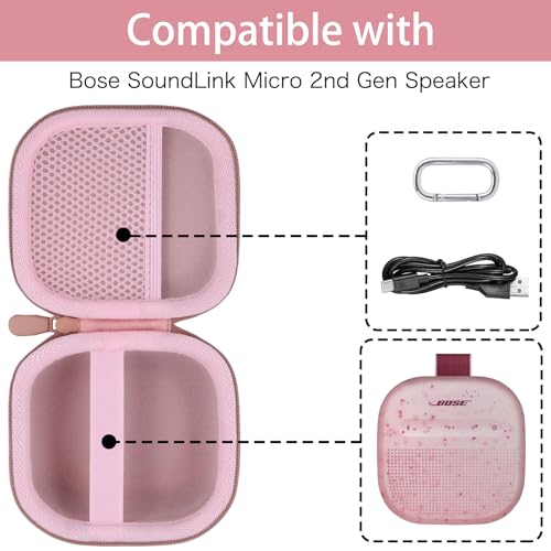 for Bose New SoundLink Micro 2nd Gen Speaker Protective Case, Petal Pink | EVA Hard Shell, Soft Velvet Lining, Durable Wrist Strap, Portable Travel Bag with Carabiner, Mesh Accessory Pocket - color: Petal Pink Case