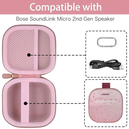 for Bose New SoundLink Micro 2nd Gen Speaker Protective Case, Petal Pink | EVA Hard Shell, Soft Velvet Lining, Durable Wrist Strap, Portable Travel Bag with Carabiner, Mesh Accessory Pocket - color: Petal Pink Case