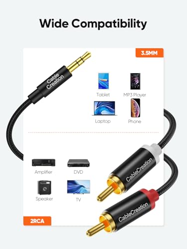 CableCreation RCA to 3.5mm Audio Cable 10FT,3.5mm to 2RCA Stereo Y Splitter | HiFi Sound Audio Cord Compatible with Echo Dot, Smartphone, MP3, Tablet, Stereo Receiver, Car, Speaker, HDTV - size: 10FT, style: Braided Jacket