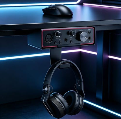 Under-Desk Stand Compatible with Focusrite Scarlett Solo 3rd/4th Generation, Reversible Mount, Headphone Hook, Space-Saving, Durable, Easy Installation