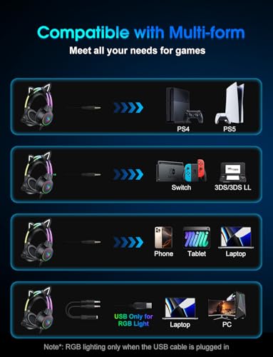 Lightweight Gaming Headset, RGB Lighting, Wired Over Ear Headphones with Mic for PC Laptop PS4 PS5 Switch, Stereo Surround Sound, Self-Adjusting Headband, Black Cat Ear - color: Black Cat Ear