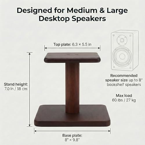 Desktop Speaker Stands Made of Pure Solid Wood, Natural Style, 360° Rotatable Top Plate, Suitable for Medium/Large Tabletop Speakers and Studio Monitors (WalnutBrown Finish_DSS7(7 inch))