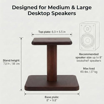 Desktop Speaker Stands Made of Pure Solid Wood, Natural Style, 360° Rotatable Top Plate, Suitable for Medium/Large Tabletop Speakers and Studio Monitors (WalnutBrown Finish_DSS7(7 inch))