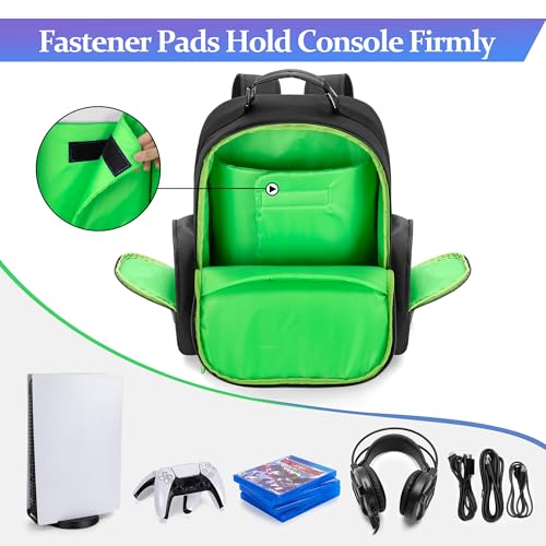 PGmoon Console Backpack Compatible with Playstation 5/PS5 Slim/PS5 Pro | Travel Carrying Case Bag with Protective Liner, Fits 15.6" Laptop, Controllers and Most Gaming Accessories (Patent Design) - color: Green