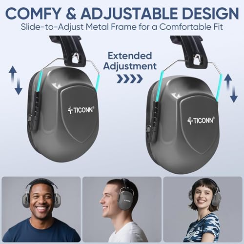 TICONN Noise Cancelling Ear Muffs for Adults, SNR 33dB Hearing Protection, Adjustable Safety Earmuffs for Construction - color: Dark Gray