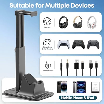 Gaming Headset & Controller Stand, Rotating Headphone Storage with Controller & Phone Holder, Game Desk Storage with Cable Organizer for PS5/PS4/XBOX PC Gamer Essentials Organizer Gift Accessories - size: S-Black-Standard