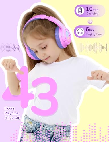 iClever BTH18 Kids Bluetooth Headphones LED Lights for Toddler Boys Girls | SafeSound Tech, 43H Playtime Stereo Sound, USB C Charging AUX Cable, Over Ear Kids Headphones Wireless for iPad/Tablet/Travel - color: B-Blue/Pink
