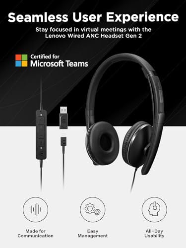 Lenovo Wired ANC Headset Gen 2 (Teams) with Active Noise Cancellation, EPOS BrainAdapt & ActiveGard Tech, Lightweight, USB-C, Plug-and-Play, Zoom Certified, Customizable, Hearing Protection | Includes USB-A converter, travel pouch and 2 year warranty for