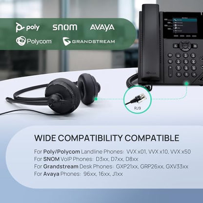 Yealink Phone Headsets for Office Phones YHS34 QD to RJ9 Wired Headset | Leather ear pads,Compatible with Poly Snom Phones Desk Landline Headset with Microphone -Dual/129g/2.1m Cable - color: leather Ear Cushions, size: Dual