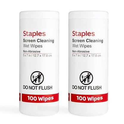 Staples Screen Cleaning Wipes, 100 Per Tub, 2-Pack | Safe for monitors, laptops, and electronics. Removes dust, smudges, and grime. - size: 100 Count (Pack of 2)