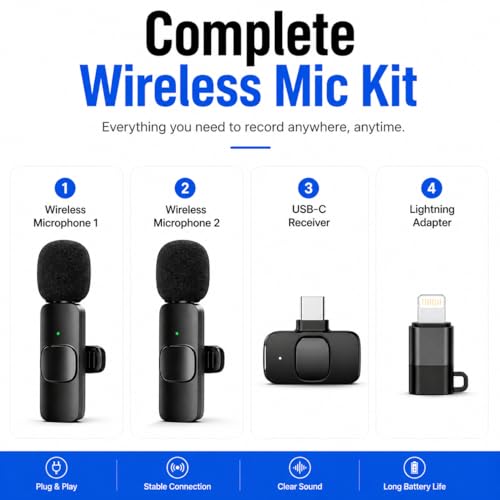 Acuvar Wireless Lavalier Microphone for Vlogging iPhone & Android, 2 Pack Mini Wireless Mic, Plug & Play Clip On Mics for Vlogging Video Recording, Interview, Adapter
