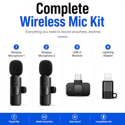 Acuvar Wireless Lavalier Microphone for Vlogging iPhone & Android, 2 Pack Mini Wireless Mic, Plug & Play Clip On Mics for Vlogging Video Recording, Interview, Adapter