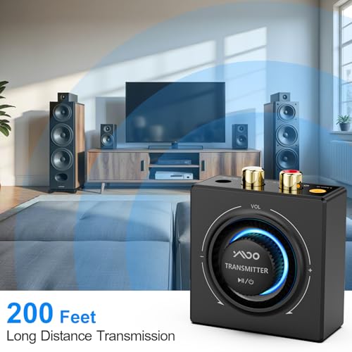 YMOO 2.4GHz Wireless Audio Transmitter Receiver Set (1 TX+1 RX) for TV | 25ms Low Latency 200ft Long Range with AUX RCA in/Out, Wireless Audio Adapter for TV PC Powered Speakers Soundbar Amplifier