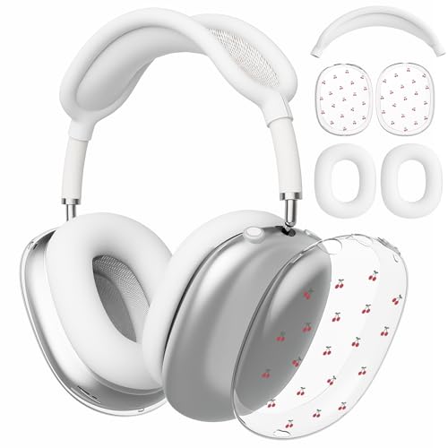 Cherry White Silicone Case for AirPods Max, Soft TPU Ear Cups Cover/Ear Pad Covers/Headband Cover, Transparent Anti-Scratch Protection Case for Apple AirPods Max(2024/2020) for Women - color: Cherry/White