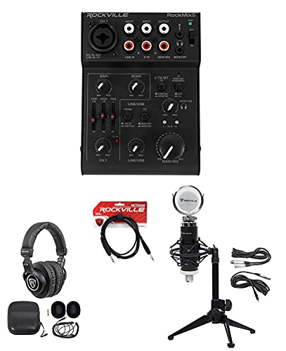 Rockville RockMix5 Bundle: 5 Channel Pro Mixer, PRO-M50 Studio Headphones, RCTR106B 6 ft TRS Cable, RCM03 Condenser Mic, RDTS Tripod Stand for 1-Person Gaming Twitch Live Stream Recording, 5-Items