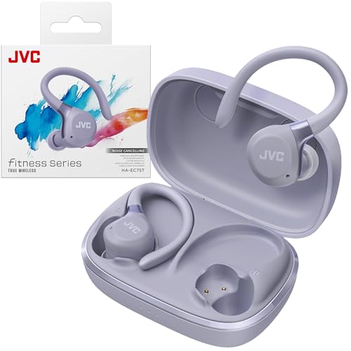 JVC Fitness Series True Wireless Sport Earbuds with Adjustable Hooks, Active Noise Cancelling, Ambient Sound Mode, IP57 Waterproof, 40hr Long Battery Life, App EQ, Low Latency, Mic HAEC75TV Violet - color: Violet
