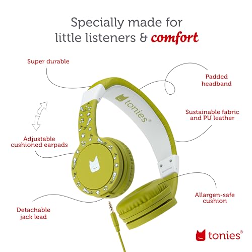 Tonies Foldable Wired Headphones for Kids - Comfortably Designed to fit On-Ear - Works with Toniebox 1 and All 3.5mm Devices - Green - color: Green