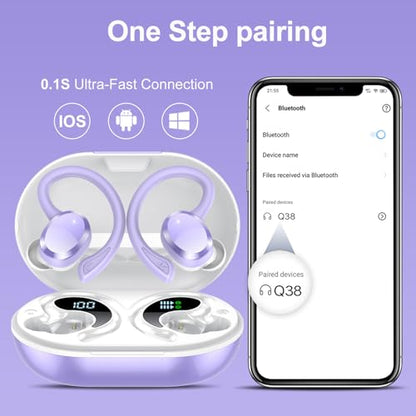 Wireless Earbuds, Bluetooth Earbuds, Bluetooth 5.4 Headphones 68hrs Playtime Sport Earphones with LED Display ENC Noise Cancelling Mic, IPX7 Waterproof Over Ear Ear Buds with Hook for Gym/Workout - color: Dreamy Purple