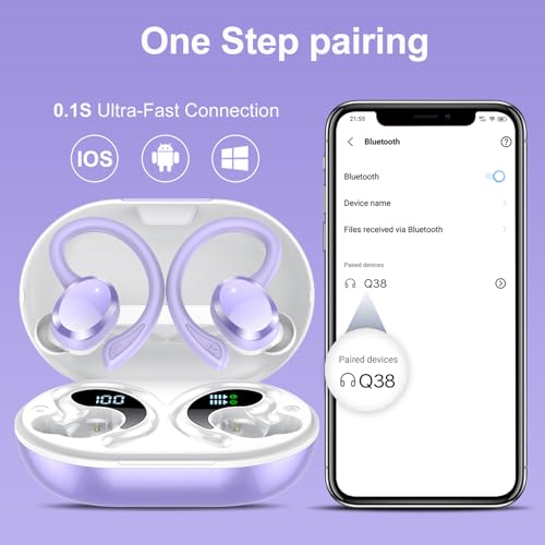 Wireless Earbuds, Bluetooth Earbuds, Bluetooth 5.4 Headphones 68hrs Playtime Sport Earphones with LED Display ENC Noise Cancelling Mic, IPX7 Waterproof Over Ear Ear Buds with Hook for Gym/Workout - color: Dreamy Purple