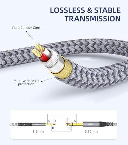 Tisino 1/8 to 1/4 Stereo Cable, 3.5mm to 1/4 Adapter Aux Cord, 10 FT | 3.5mm to 1/4" TRS Aux Cord for Guitar, Keyboard, Laptop, Speaker, Amp, Gold-Plated Shielded Stereo Cable - size: 3m/10ft