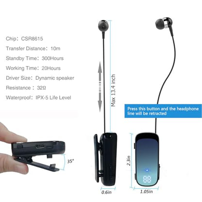 Retractable Wireless Headset Headphone Stereo Earphone V5.0 Noise Cancelling Mic Clip on Earpiece Comfortable HandsFree Headset 20Hrs Talking Time Sports Business Trucker Driver Earbud - color: Blue