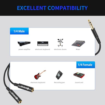1/4 inch TRS Splitter Cable, 6.35mm Stereo Y Cable, 1/4 Male Plug to Dual 1/4 Female Jack Cord, 12 inches / 30cm - color: Black 1/4" TRS Male to Dual 1/4" Female 12 Inch