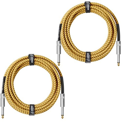 2-Pack 15 Feet Tweed braided 1/4 Inch TS Guitar Cables, Yellow & Brown | Strain relief, Anti-kink, no signal loss, fit electric guitar, bass, amp - color: Yellow, size: 15ft