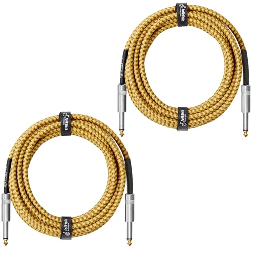 2-Pack 15 Feet Tweed braided 1/4 Inch TS Guitar Cables, Yellow & Brown | Strain relief, Anti-kink, no signal loss, fit electric guitar, bass, amp - color: Yellow, size: 15ft
