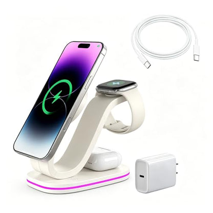 2026 New Fast 15W 3 in 1 Charging Station for iPhone Compatible Magnetic | Wireless Charger Station for iPhone 17 16 15 14 13 12, AirPods and iWatch Series, 35W Charger Included - color: White 3 in 1