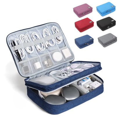 Electronic Organizer Travel Case, Double Layer Cable Organizer Bag | Double-layer design with adjustable dividers, mesh pockets and elastic loops for chargers, cables, power banks and gadgets - color: blue