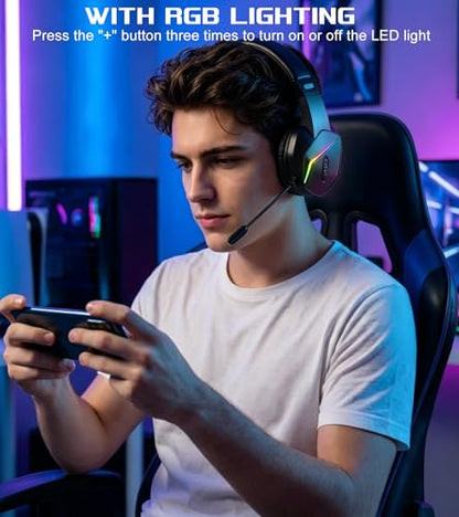 Wireless One Ear Headset with Mic, Single Ear Trucker Headset for PC/Computer/Laptop/Mac/iPad/iPhone/Android/Switch, Gaming Headphones with RGB Light, Mute Button for Truck Driver, Office Work, Chat