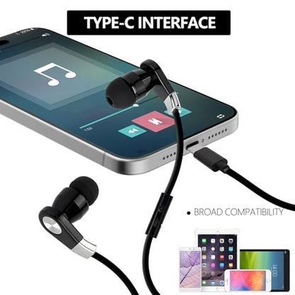 LANDIBO USBC Earbuds, in-Ear Headphones with Volume Control, Built-in microphoneUSB C Earbuds Wired, Clear Sound Quality, bass Noise Cancellation, Headphones Wired (Black + Black)