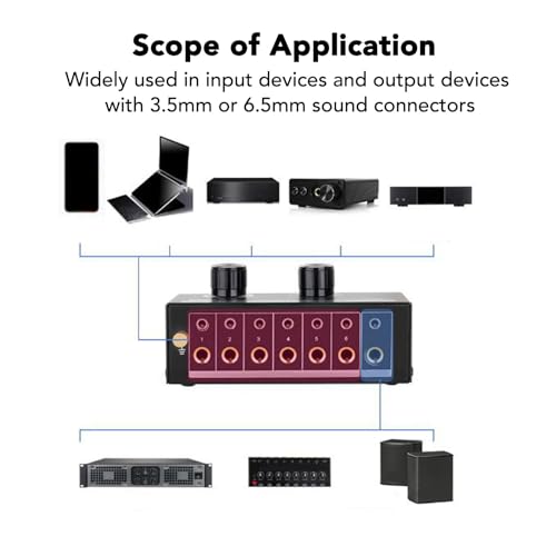 6 Way Sound Switcher, 6 Input 1 Output Sound Switcher Volume Control 3.5mm 6.35mm Sound Signal Selector