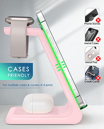 3 in 1 Wireless Charging Station, 2026 Upgraded Fast Desk Charger Station for iPhone 17 16 15 14 13 12 Pro Max Plus, Charger Stand for Apple Watch 10 9 8 7 6 5 4 3 2 SE, Airpods 4 3 2 Pro(Pink) - color: C-Pink