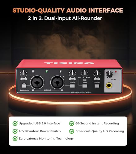 Tisino 24Bit/192kHz USB Audio Interface for Studio Recording, Red