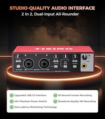 Tisino 24Bit/192kHz USB Audio Interface for Studio Recording, Red