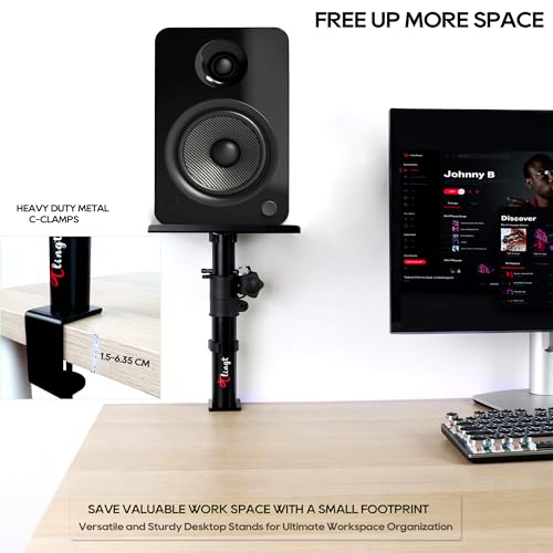 Tlingt Clamp-on Desktop Speaker Stand Pair, Height & Tilt Adjusts | Heavy-duty 6.7"x7.9" Metal Tray, ±10° Tilt, Desk Mount Set, Fits 3"-4" Monitor & Bookshelf Speakers - size: For 3"- 4" Speaker