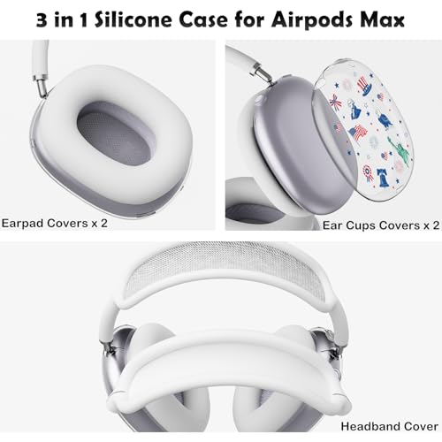 for AirPods Max 2/1 Headphones 4th of July Patriotic Ear Covers | American Flag Clear Ear Cups Cover | White Silicone Ear Pad Case Headband Cover for Apple AirPods Max 2/1 (2026/2024/2020) - color: American Flag A
