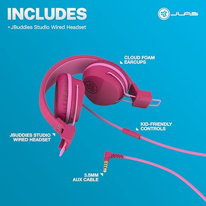 JLab JBuddies Studio on-Ear Kids Wired Headphones with mic, Volume Limiter, Foldable, Adjustable, Dark Pink - color: Dark Pink, size: Headphones