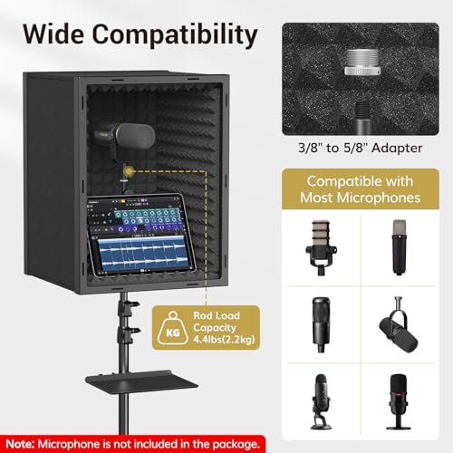 TONOR Microphone Isolation Shield, Professional Mic Shield for Studio with Tripod Stand, Adjustable Height Max 53.1 inch, Sound Proof Box for Singing, Recording Studio Equipment