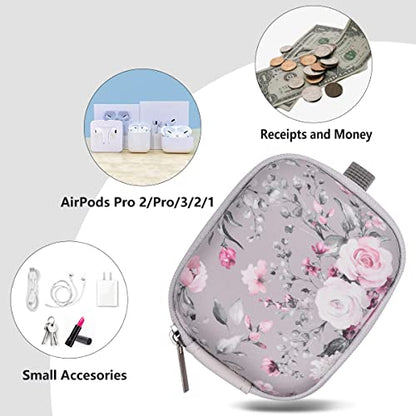Earbud Case, AIRSPO Airpods 4 Case Airpods Pro 3rd Generation Galaxy Buds 4/3/FE Earphone Organizer Carrying Case Small Storage Bag Hard EVA Shockproof Cover with Carabiner Clip (Grey Pink Rose)