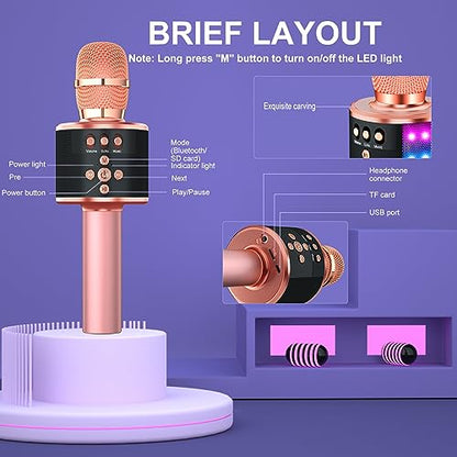 BONAOK Rose Gold Karaoke Microphone for Kids & Adults, Bluetooth Singing Mic with Disco Lights & Echo Effect, Built-in Battery Non-Detachable, Portable Karaoke Speaker Player for Party, Travel & Gifts - color: Rose Gold