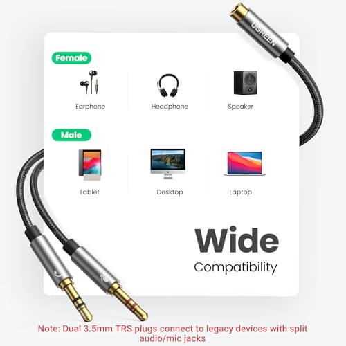 UGREEN Headphone Splitter for Computer 3.5mm Female to 2 Dual 3.5mm Male | Gaming Headset to PC Adapter, Braided Audio Cable, For Laptop with Separate Audio and Mic, Stereo Jack Earphones Port Y Cord