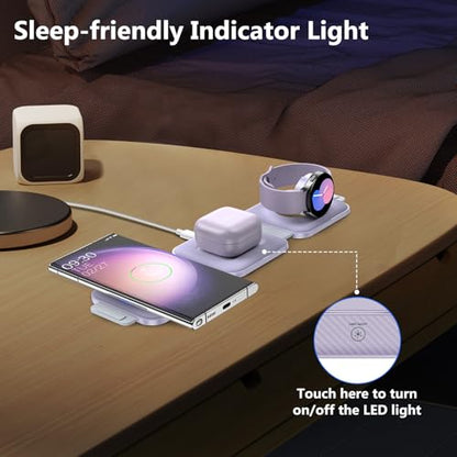 Travel Charger for Samsung Multi Devices, Foldable 3 in 1 Wireless Charging Station Fast Charging Stand/Pad Compatible for Samsung Galaxy S25/S24/S23/S22/S21/Note20 Galaxy Watch8/7/6/5/4/Galaxy Buds4 - color: Violet