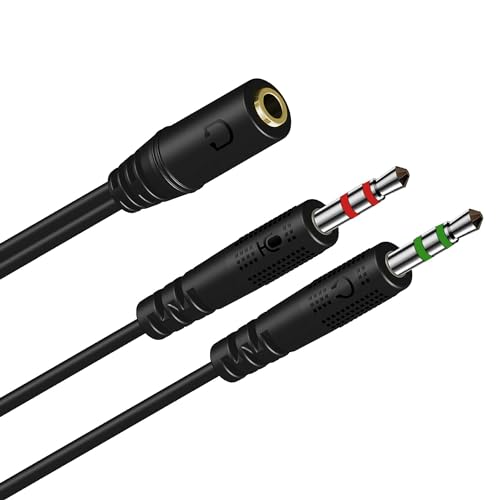 3.5 mm Headphone Jack to Two Microphone and Headphone 3.5 mm AUX Audio Cable Splitter, Smartphone Headset to PC Adapter, Black