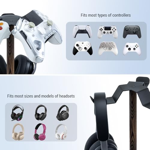 MyGift Industrial Matte Black Metal Headphone Stand with Burnt Wood Tray – Desktop Headset and Gaming Controller Holder for Office, Studio, or Console Setup - color: Dark Brown