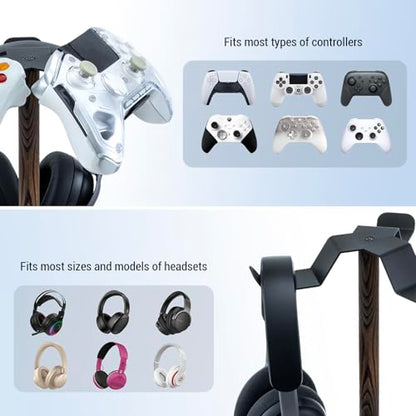 MyGift Industrial Matte Black Metal Headphone Stand with Burnt Wood Tray – Desktop Headset and Gaming Controller Holder for Office, Studio, or Console Setup - color: Dark Brown