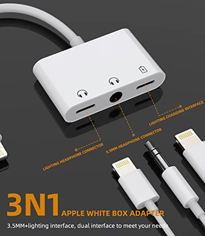 Lightning to 3.5mm Headphone Splitter Dongle 3in1(2Pack)Iphone AUX Adapter Charger Audio Jack Cable Adaptador Para for Apple MFI Certified 11 12 13 14 Pro Max Mini X 7 8plus Ipad Earbud Converter Cord
