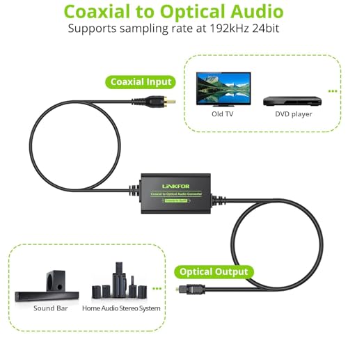LiNKFOR 192kHz Coaxial to Optical Converter 6.6FT Coaxial to Optical SPDIF Toslink Converter with Built-in 3.3FT Toslink and 3.3FT Cable for Older TV DVD Soundbar Amplifier - style: Coaxial to SPDIF
